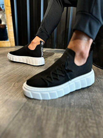 J1025 Bağcıklı Lastikli Ortopedik Taban Erkek Günlük Triko Sneaker Spor Ayakkabı BT Siyah