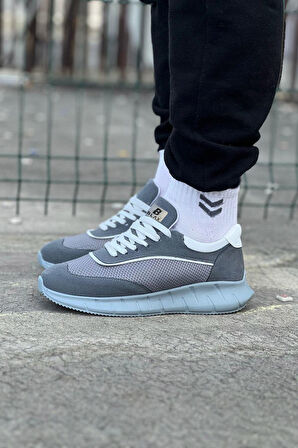 J062 Bağcıklı Ortopedik Taban Triko Erkek Sneaker Günlük Spor Ayakkabı GT Gri
