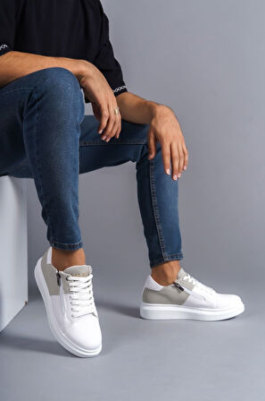 J155 Warrior Bağcıklı ve Fermuarlı Cilt Süet Erkek Günlük Sneaker Ayakkabı BT Beyaz/Gri
