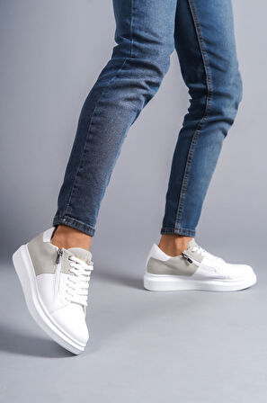 J155 Warrior Bağcıklı ve Fermuarlı Cilt Süet Erkek Günlük Sneaker Ayakkabı BT Beyaz/Gri