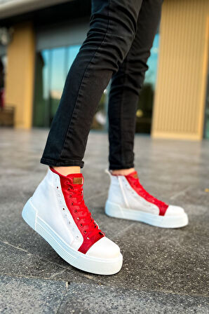 J167 Blazer Bağcıklı Fermuarlı Ortopedik Taban Günlük Cilt Erkek Spor Bot CBT Beyaz/Kırmızı