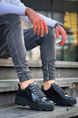 J056 Bağcıklı Ortopedik Taban Günlük Rugan Erkek Spor Sneaker Ayakkabı ST Siyah