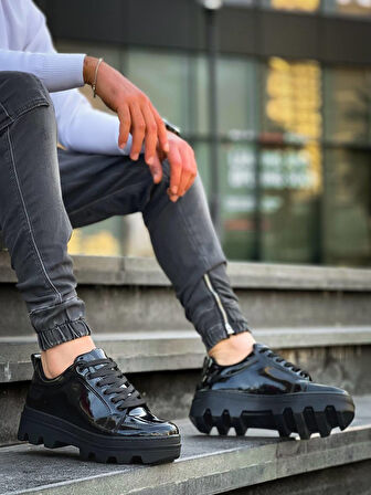 J056 Bağcıklı Ortopedik Taban Günlük Rugan Erkek Spor Sneaker Ayakkabı ST Siyah