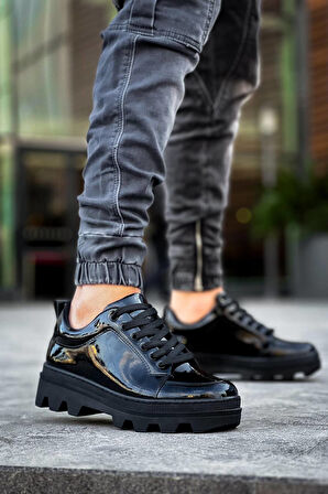 J056 Bağcıklı Ortopedik Taban Günlük Rugan Erkek Spor Sneaker Ayakkabı ST Siyah