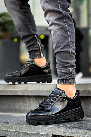 J056 Bağcıklı Ortopedik Taban Günlük Rugan Erkek Spor Sneaker Ayakkabı ST Siyah