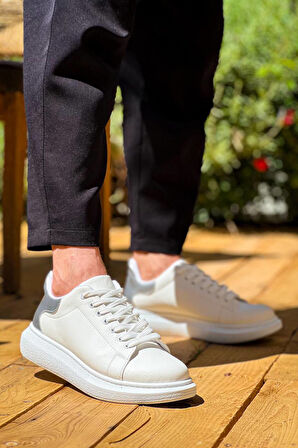 J-X500 Bağcıklı Ortopedik Taban Günlük Erkek Spor Sneaker Ayakkabı BT Beyaz/Gümüş