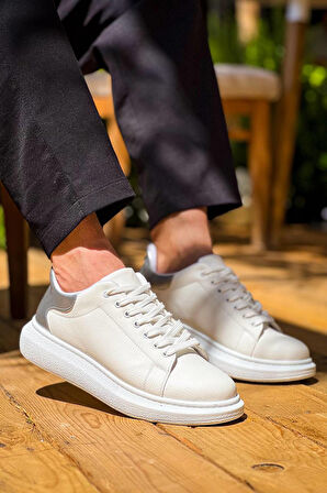 J-X500 Bağcıklı Ortopedik Taban Günlük Erkek Spor Sneaker Ayakkabı BT Beyaz/Gümüş