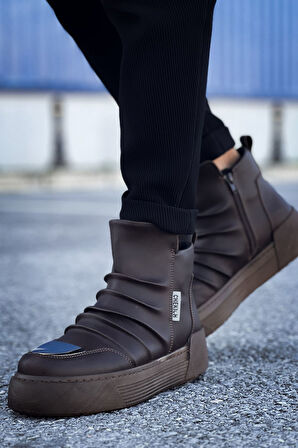 J113 Swat Bağcıksız Fermuarlı Ortopedik Taban Günlük Cilt Erkek Spor Bot CKT Kahverengi