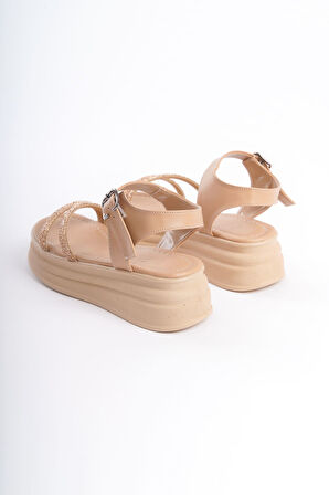 ESME Kalın Tokalı Taşlı Şeritli Ortopedik Taban Kadın Sandalet TT Ten