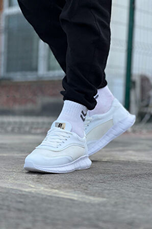 J062 Bağcıklı Ortopedik Taban Triko Erkek Sneaker Günlük Spor Ayakkabı BT Beyaz