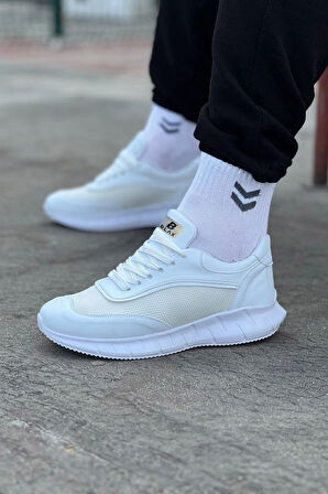 J062 Bağcıklı Ortopedik Taban Triko Erkek Sneaker Günlük Spor Ayakkabı BT Beyaz
