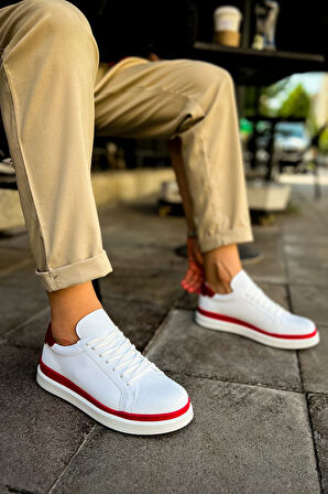 J979 Santoni Ortopedik Taban Günlük Cilt Erkek Sneaker Spor Ayakkabı CBT Beyaz/Kırmızı