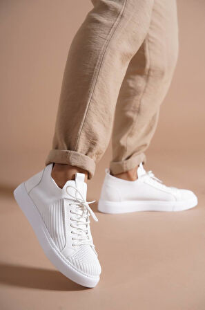 J112 Bağcıklı Ortopedik Taban Triko Erkek Spor Sneaker Ayakkabı BT Beyaz