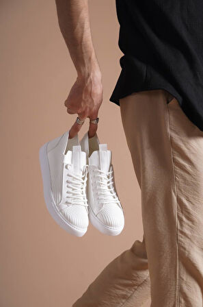 J112 Bağcıklı Ortopedik Taban Triko Erkek Spor Sneaker Ayakkabı BT Beyaz