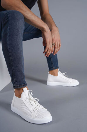 J112 Bağcıklı Ortopedik Taban Triko Erkek Spor Sneaker Ayakkabı BT Beyaz