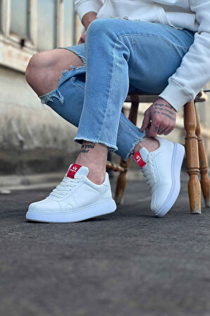 J040 Bağcıklı Ortopedik Taban Erkek Sneaker Günlük Ayakkabı BT Beyaz