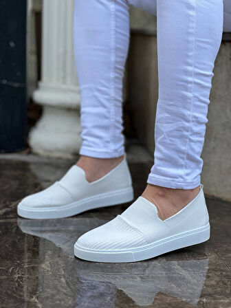 J114 Bağcıklı Ortopedik Taban Triko Erkek Spor Sneaker Ayakkabı BT Beyaz