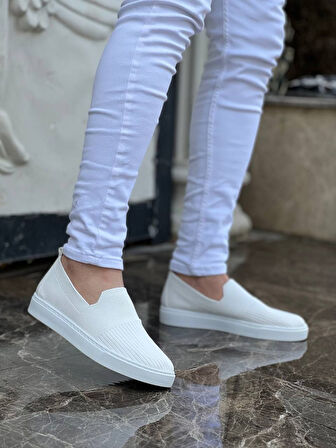 J114 Bağcıklı Ortopedik Taban Triko Erkek Spor Sneaker Ayakkabı BT Beyaz