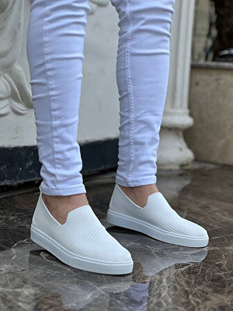 J114 Bağcıklı Ortopedik Taban Triko Erkek Spor Sneaker Ayakkabı BT Beyaz