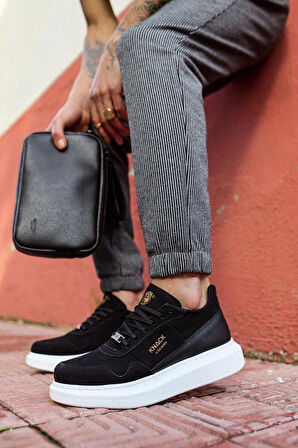 J040 Bağcıklı Ortopedik Taban Erkek Günlük Süet Sneaker Spor Ayakkabı BT Siyah