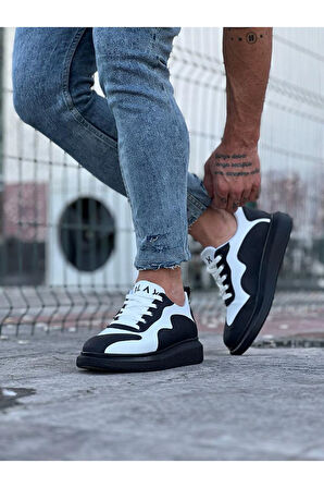 J301 Bağcıklı Ortopedik Taban Erkek Sneaker Günlük Ayakkabı ST Siyah/Beyaz