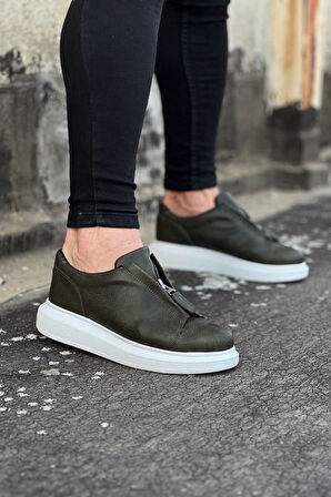 J010 Bağcıksız Fermuarlı Ortopedik Taban Erkek Sneaker Günlük Ayakkabı BT Haki
