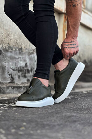 J010 Bağcıksız Fermuarlı Ortopedik Taban Erkek Sneaker Günlük Ayakkabı BT Haki
