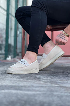 J060 Bağcıksız Ortopedik Taban Triko Erkek Klasik Günlük Ayakkabı KT Krem