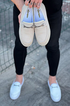 J060 Bağcıksız Ortopedik Taban Triko Erkek Klasik Günlük Ayakkabı KT Krem