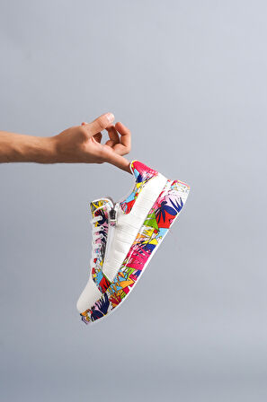 J02 Bağcıklı Timsah Desenli Kırmızı Baskılı Ortopedik Taban Erkek Spor Sneaker Ayakkabı BT Beyaz