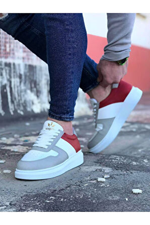 J011 Bağcıklı Ortopedik Taban Erkek Sneaker Günlük Ayakkabı BT Beyaz/Kırmızı