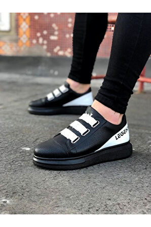 J029 Bağcıksız 3 Bant Lastikli Legend Ortopedik Taban Erkek Sneaker Günlük Ayakkabı ST Siyah/Beyaz
