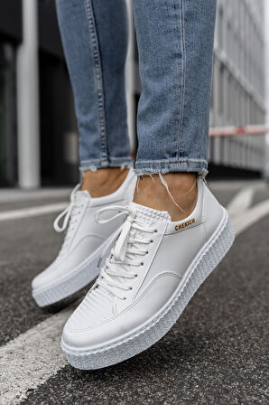 J017 Pyramid Ortopedik Taban Günlük Cilt Erkek Sneaker Spor Ayakkabı CBT Beyaz