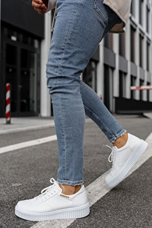 J017 Pyramid Ortopedik Taban Günlük Cilt Erkek Sneaker Spor Ayakkabı CBT Beyaz