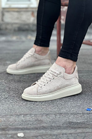 J096 Bağcıklı Ortopedik Taban Süet Erkek Sneaker Günlük Ayakkabı KT Krem