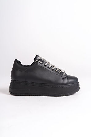 SERENA Bağcıklı Ortopedik Taban Taşlı Kadın Sneaker Ayakkabı ST Siyah