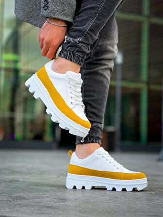 J056 Bağcıklı Ortopedik Taban Günlük Cilt Süet Erkek Spor Sneaker Ayakkabı BT Beyaz/Sarı