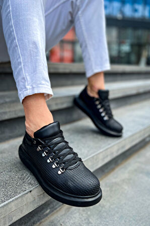 J021 Favo Ortopedik Taban Günlük Cilt Erkek Sneaker Spor Ayakkabı CST Siyah