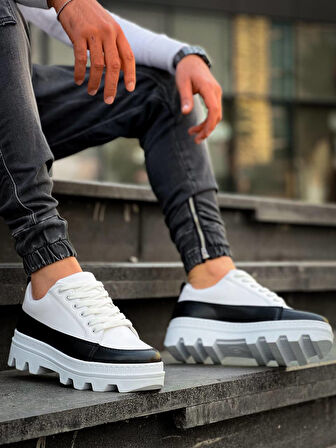 J056 Bağcıklı Ortopedik Taban Günlük Cilt Erkek Spor Sneaker Ayakkabı BT Beyaz/Siyah
