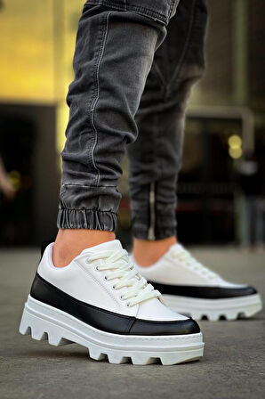 J056 Bağcıklı Ortopedik Taban Günlük Cilt Erkek Spor Sneaker Ayakkabı BT Beyaz/Siyah