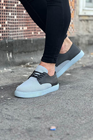 J016 Bağcıklı Ortopedik Taban Triko Cilt Erkek Klasik Günlük Ayakkabı GT Gri