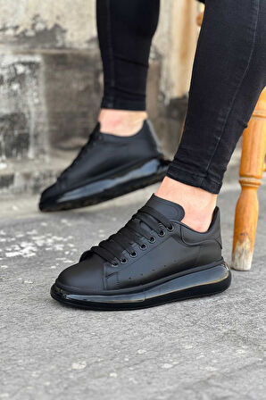 J095 Bağcıklı Ortopedik Taban Erkek Sneaker Günlük Ayakkabı ST Siyah