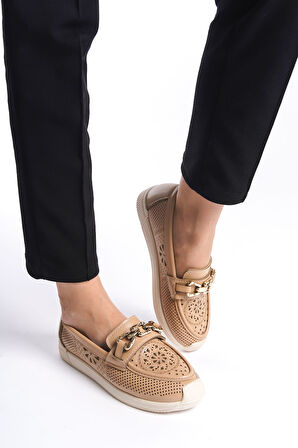 HAZEL Bağcıksız Ortopedik Rahat Taban Çiçek Desenli Kadın Babet Ayakkabı KT Ten