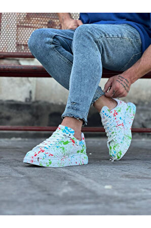 J501 Bağcıklı Yeşil Renkli Baskılı Ortopedik Taban Erkek Sneaker Günlük Ayakkabı RT Çok Renkli