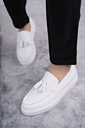 J153 Bloom Bağcıksız Püsküllü Cilt Erkek Günlük Spor Klasik Ayakkabı CBT - Beyaz