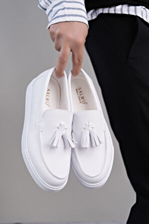 J153 Bloom Bağcıksız Püsküllü Cilt Erkek Günlük Spor Klasik Ayakkabı CBT - Beyaz