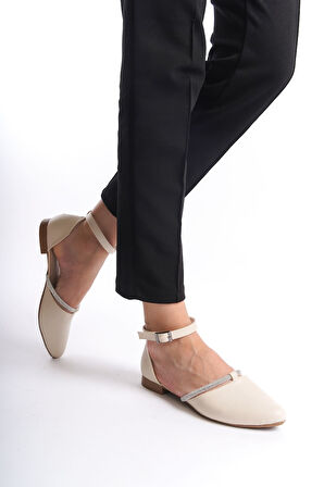 AURORA Tokalı Ortopedik Rahat Taban Taş Detaylı Kadın Babet Ayakkabı KT Krem