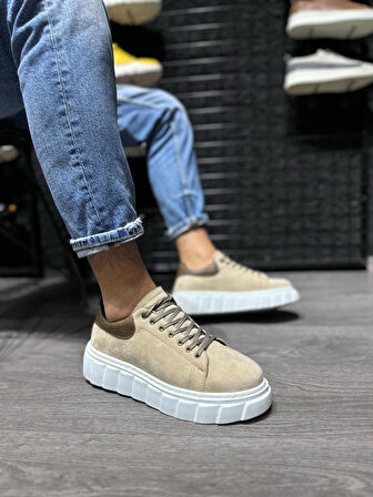 J144 Bağcıklı Ortopedik Taban Erkek Günlük Süet Sneaker Spor Ayakkabı BT Vizon