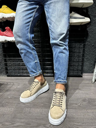 J144 Bağcıklı Ortopedik Taban Erkek Günlük Süet Sneaker Spor Ayakkabı BT Vizon