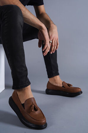 J818 Bağcıksız Ortopedik Taban Erkek Günlük Corcik Püsküllü Klasik Ayakkabı ST Taba